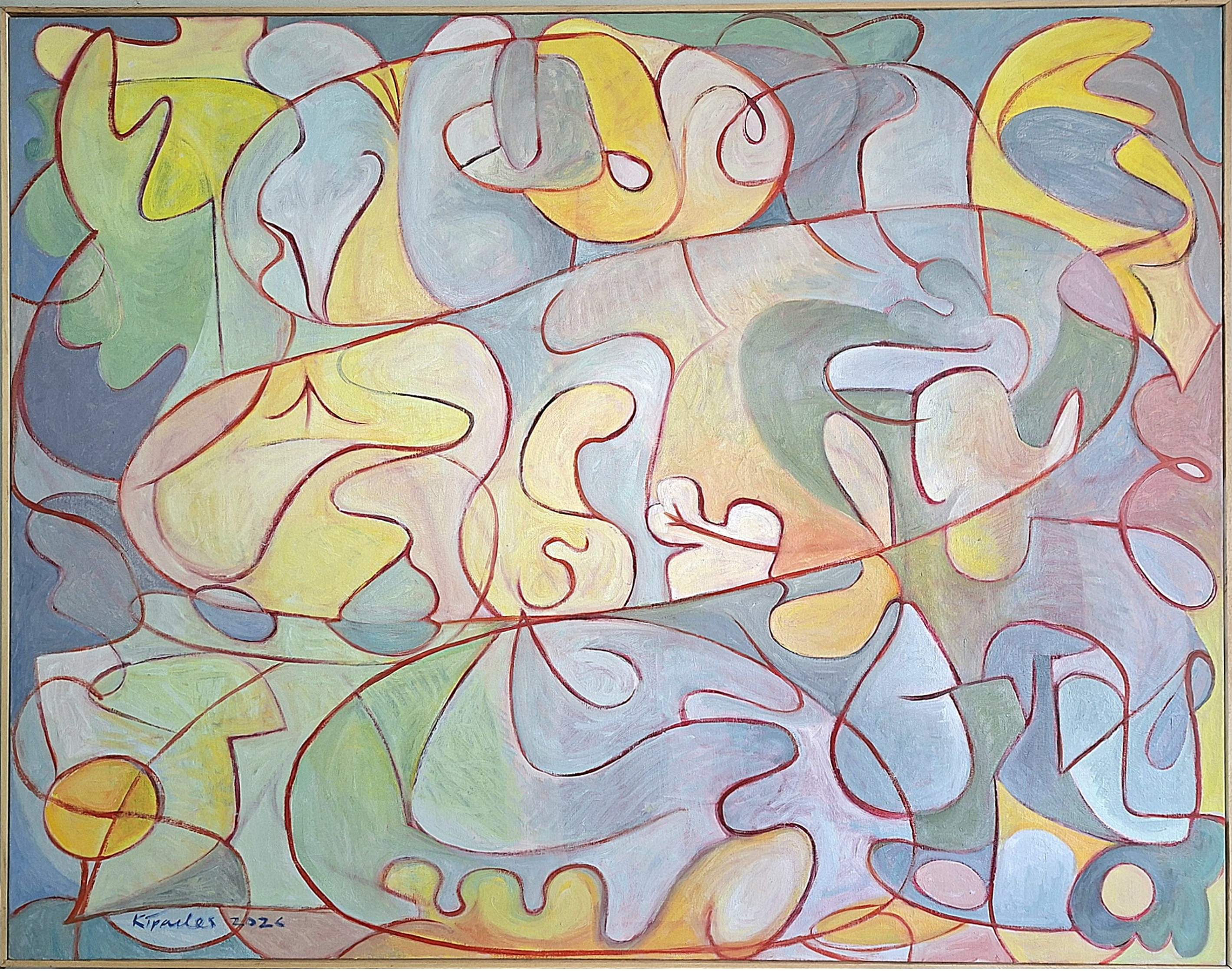 a soft pastel coloured abstract fine art painting with flowing red lines. A fine art piece on stretched cotton duck canvas, framed in a matching wood (artist made) presentation box frame