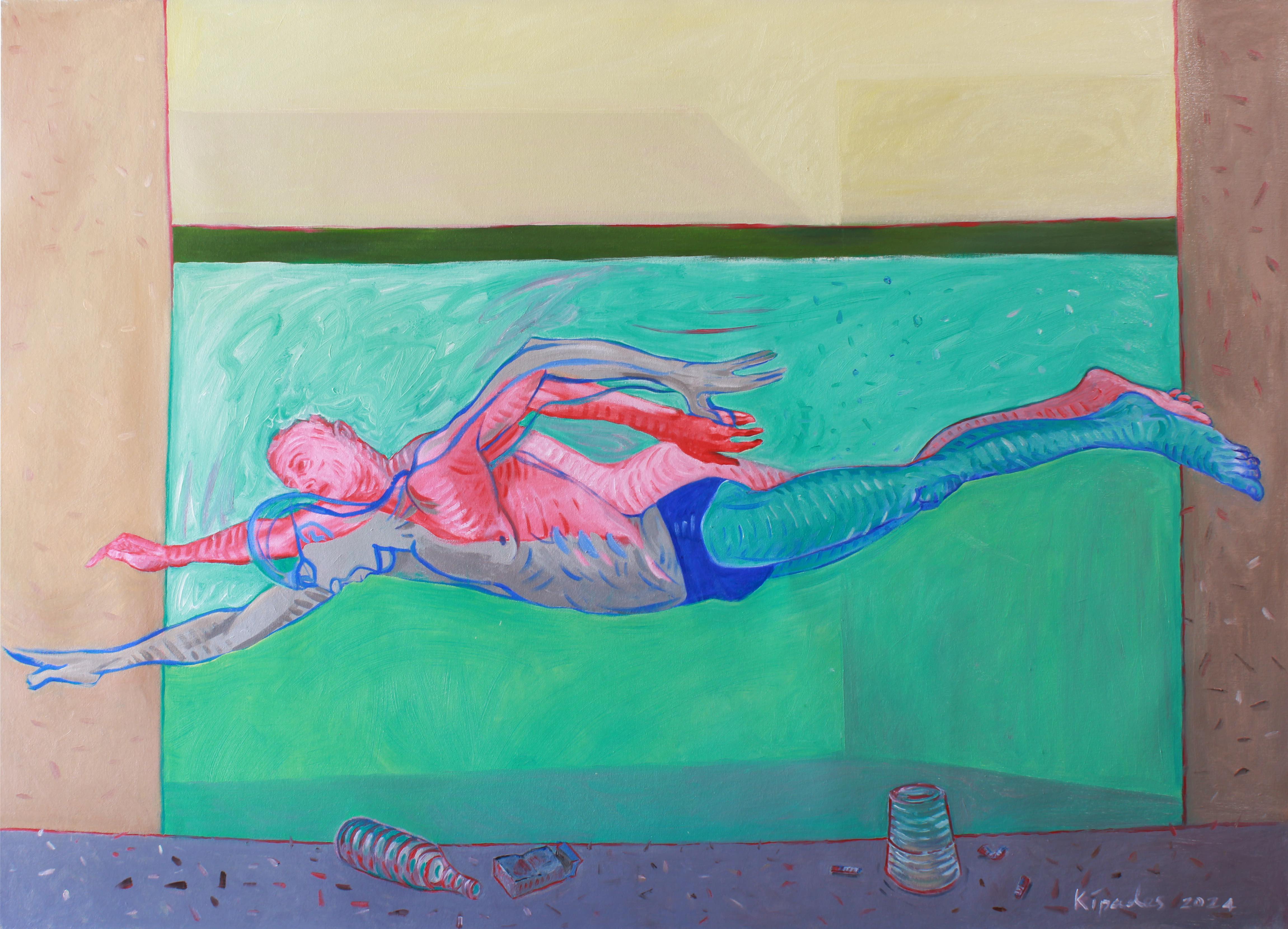 an abstract oil painting on canvas showing a man swimming above and below the water