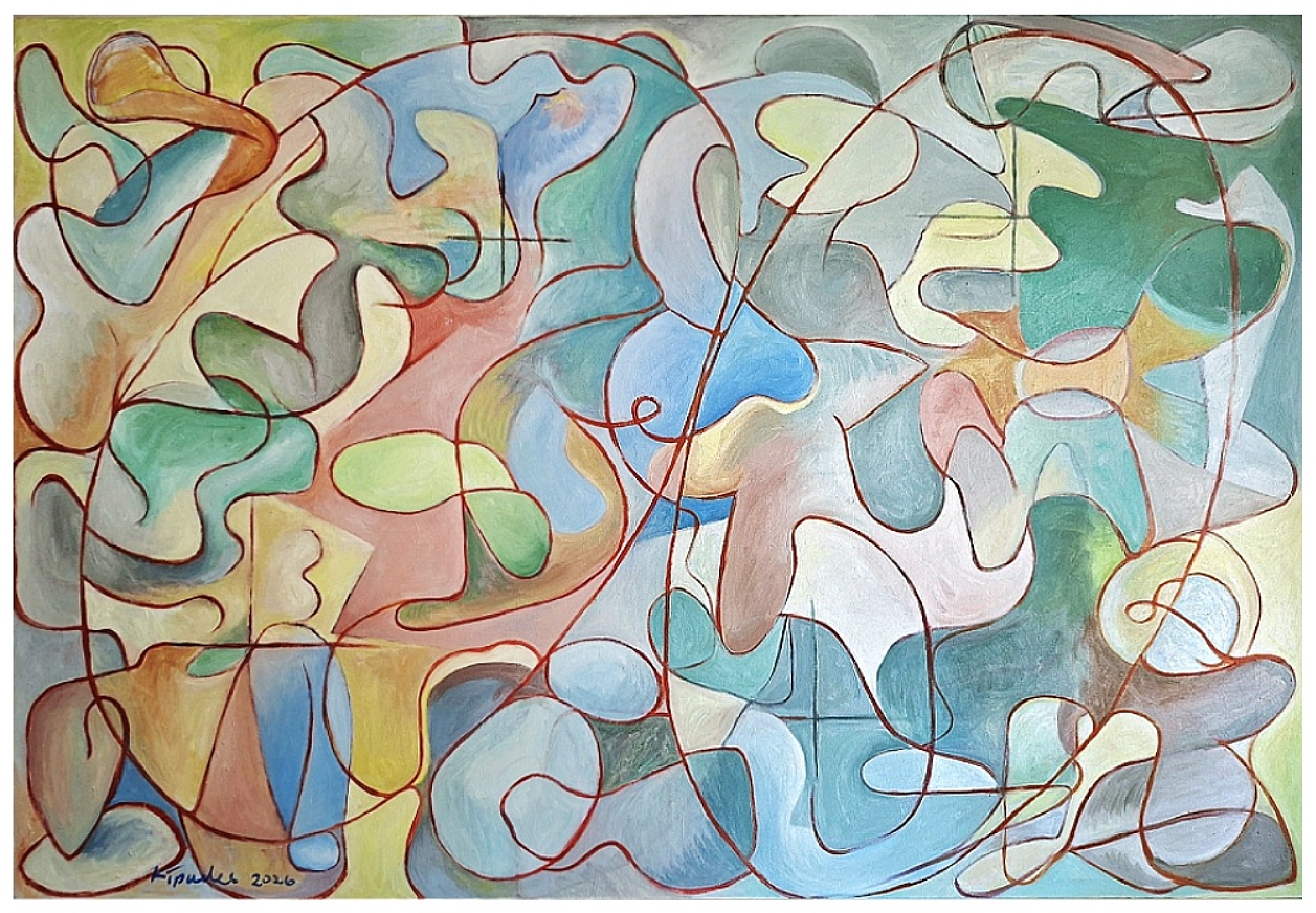 abstract oil painting on canvas. Muted coloured abstract with flowing lines in red